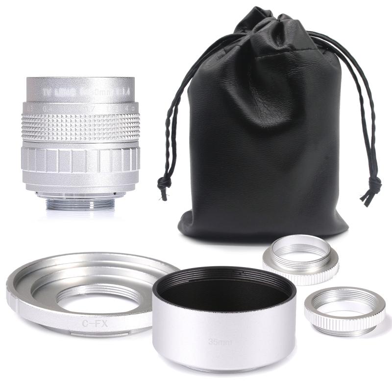 

Silver Fujian 50mm F1.4 CCTV TV camera lens + C-FX + lens hood for Fujifilm X Mount Mirroless Camera XT10/XT20/XT30/X100F