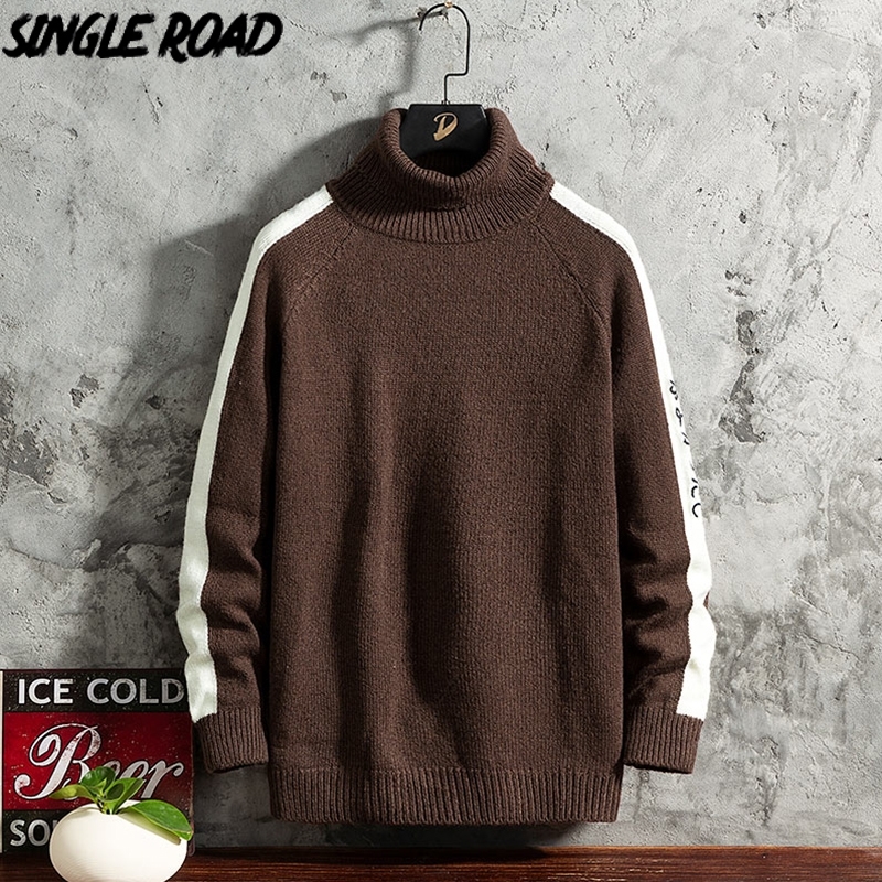 SingleRoad Mens Turtlenecks Sweater Men Winter Side Striped High Collar Sweaters Harajuku Turtleneck Coffee Sweater Men 201124