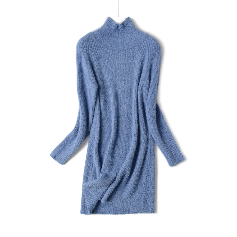 

2021 New Autumn Winter Half Turtleneck Short Lantern Sleeve Thick Sweater Women Loose Mini Female Chic Straight Dress Dpuh, Blue