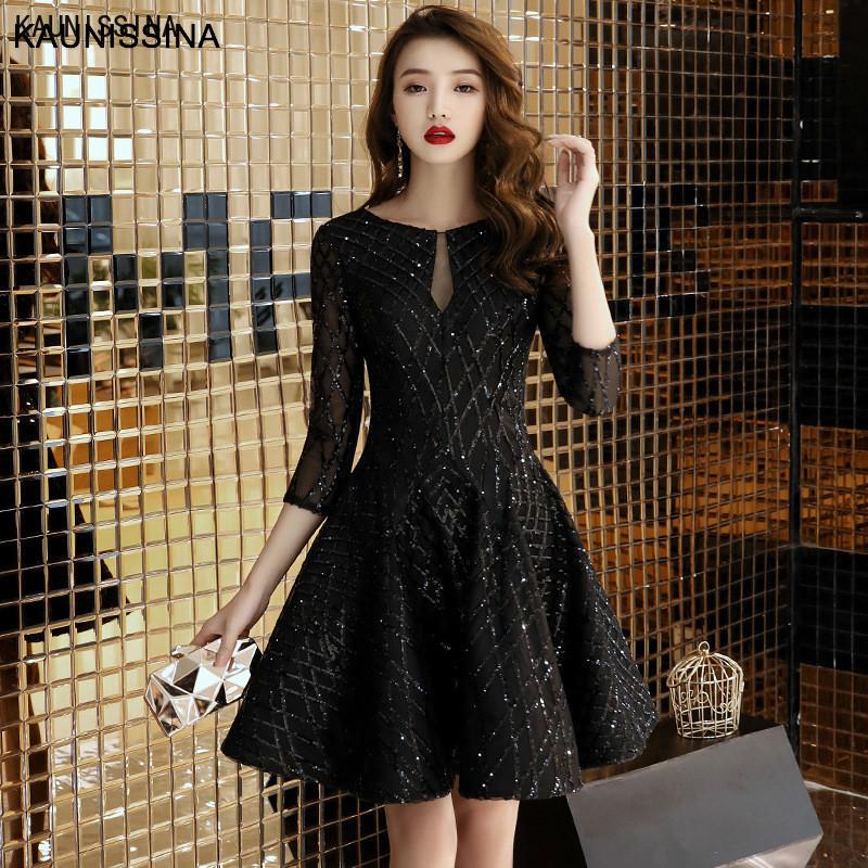 

KAUNISSINA A-Line Cocktail Dress Sequins Black Party Gown 3/4 Sleeve Short Banquet Party Prom Dresses Homecoming Robes