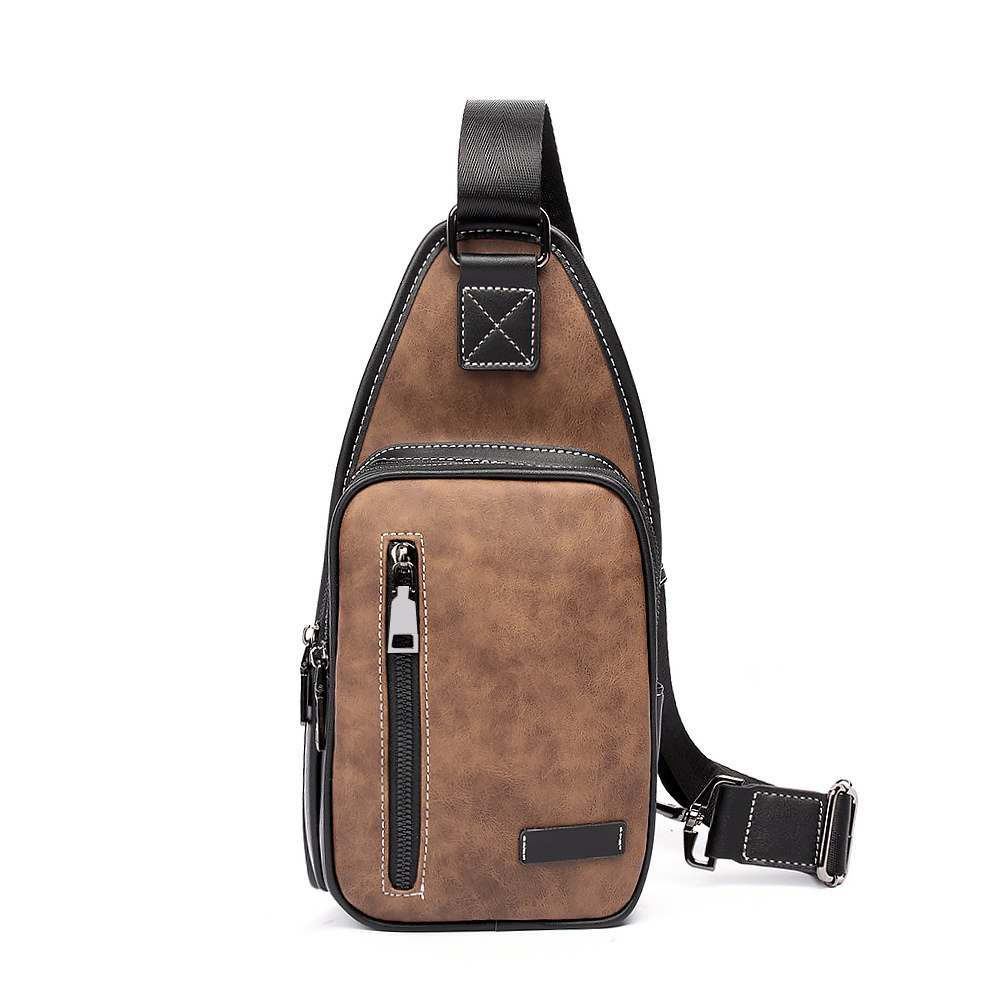 

factory outlet men leathers shoulder bag outdoor leisure Joker double zipper fashion backpack retro crazy horse leather chest bags street trend plaid handbag, Black1