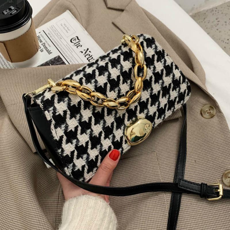 

Fashion Houndstooth WOOL and PU Shoulder Bag Small Bag Luxury Handbags Women Bags Designer SAC a Main Crossbody Bags for Women, Black