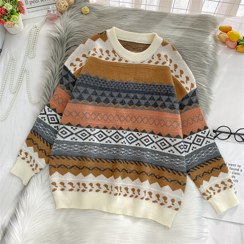 

2021 Winter Female New Vintage Mori Style Loose in Cocoon Shape Sweater Argyle Long Sleeves Knitted or Crocheted Tops IOAN, Games