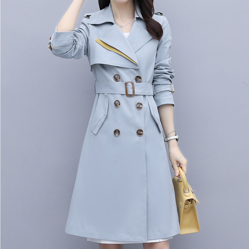 

2021 Lean Autumn Female New Arrival Double Breasted Trench Coat Solid Office C49Y, Navy blue.