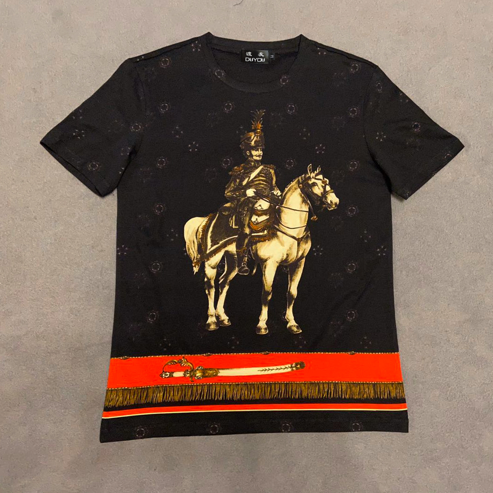

T-shirt Summer Men Short Sleeve Shirt Round Neck Warhorse King Print Men's Clothing Cotton Tshirt Rl4r, Black