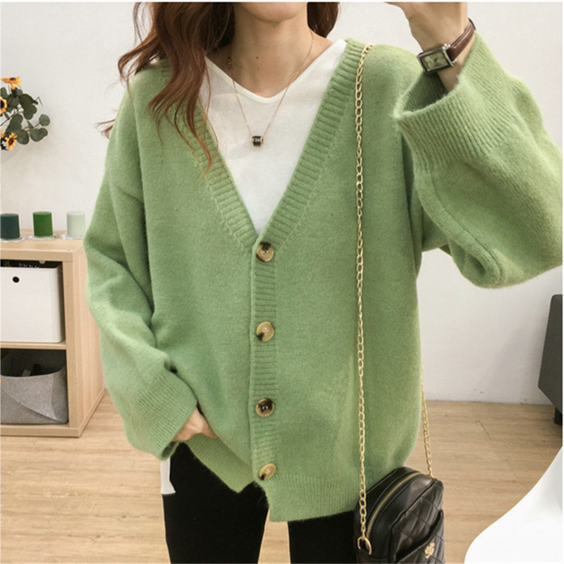 

2021 New Women's knitted shirt releases pink cardigans Autumn new Korean fashion with low-v-thin sleeve long female blouses lj055, Green candy