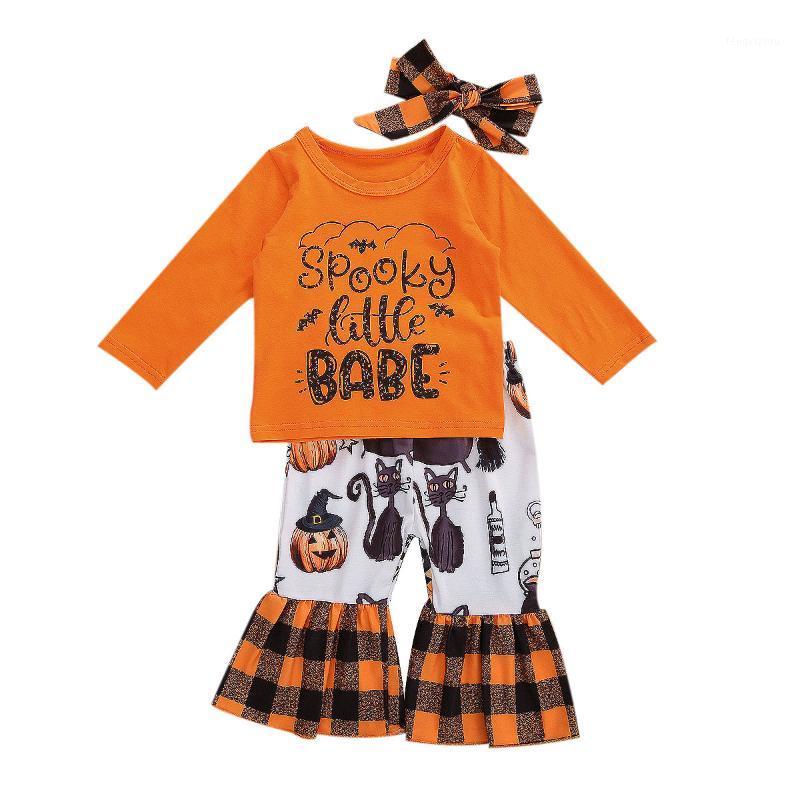 

Baby Girls Long Sleeve Letter Print Pullover T-shirt Flare Pants Halloween 3Pcs Set Autumn Spring Toddler Suit 0-3Years1, As pic
