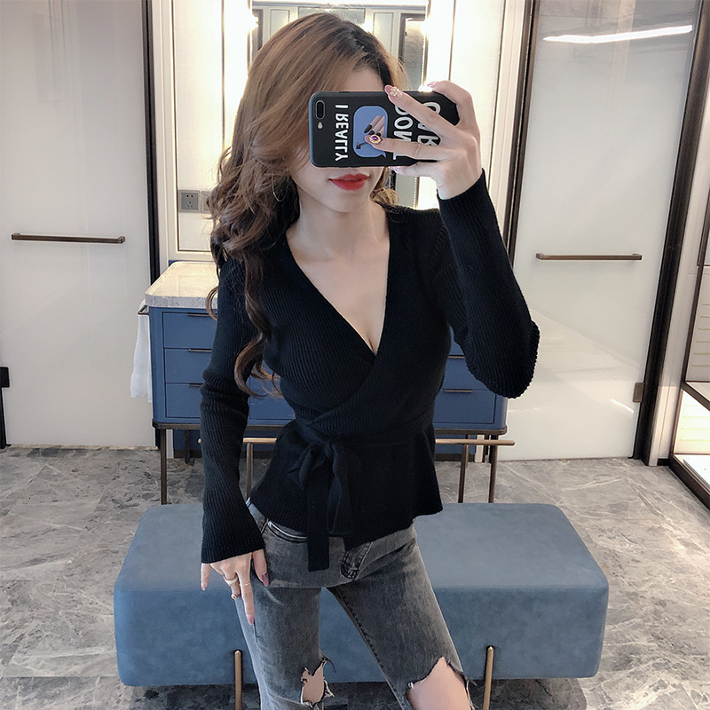 

2021 New Sexy Women's Knitted Cardigan Sweater Deep Cross-neckline Lace to the Waist Thin Woman Knitting Cardigans Autumn 95WJ, Black