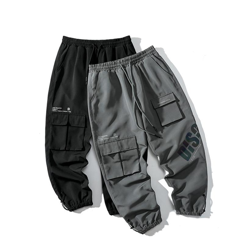 

Cargo Pants Men Autumn/Winter with Velvet Laser Printed Prints Polyester Trousers Men's Multi-Pocket Loose Halon Trousers, Black