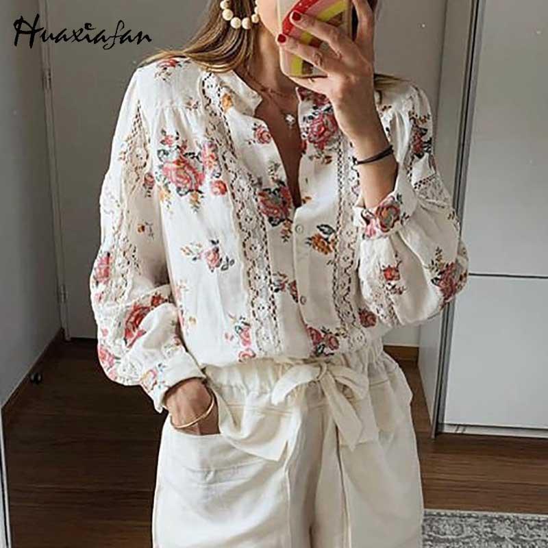 

Huaxiafan Floral Print Lace Patchwork Top Blouses Women Casual Summer Shirts Lady Blouse Tops Female 2021 Autumn New Fashion, Beige