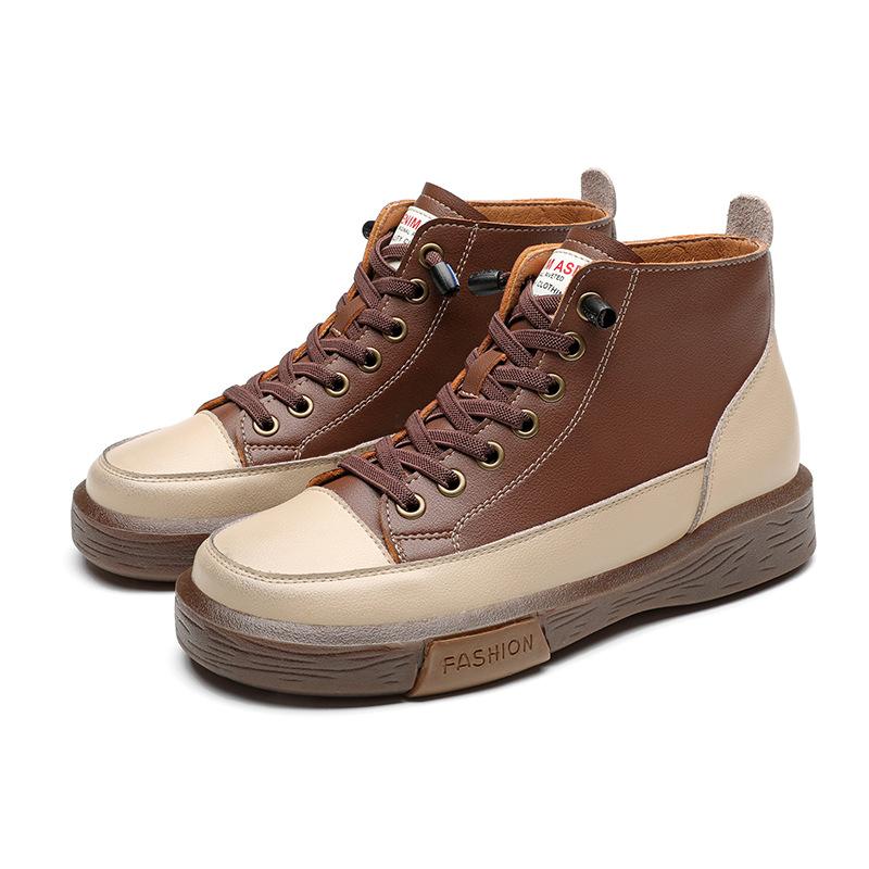 

Boots Women's 2020 Autumn New Fashion All-match Student Thick-soled Genuine Leather Plus Velvet White Casual Shoes, Black plus velvet