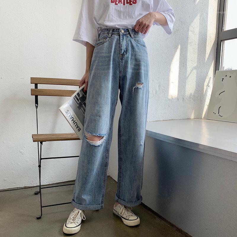 

HziriP 2021 Chic Simple Streetwear Casual High Waist Wide Leg Pants Straight Hole Ankle Length Denim Empire Slim All Match Women' Jeans, Photo color