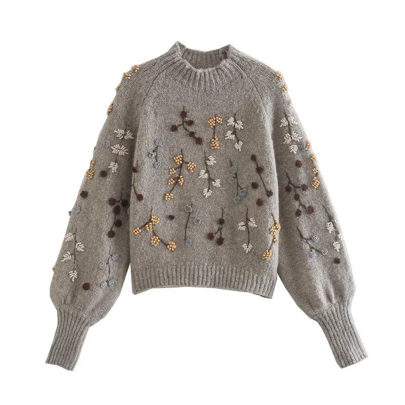 

Women' Round Neck Long Sleeve Chic Flowers Beaded Fashion Knit Sweater Keeps Warm Autumn and Winter, Gray