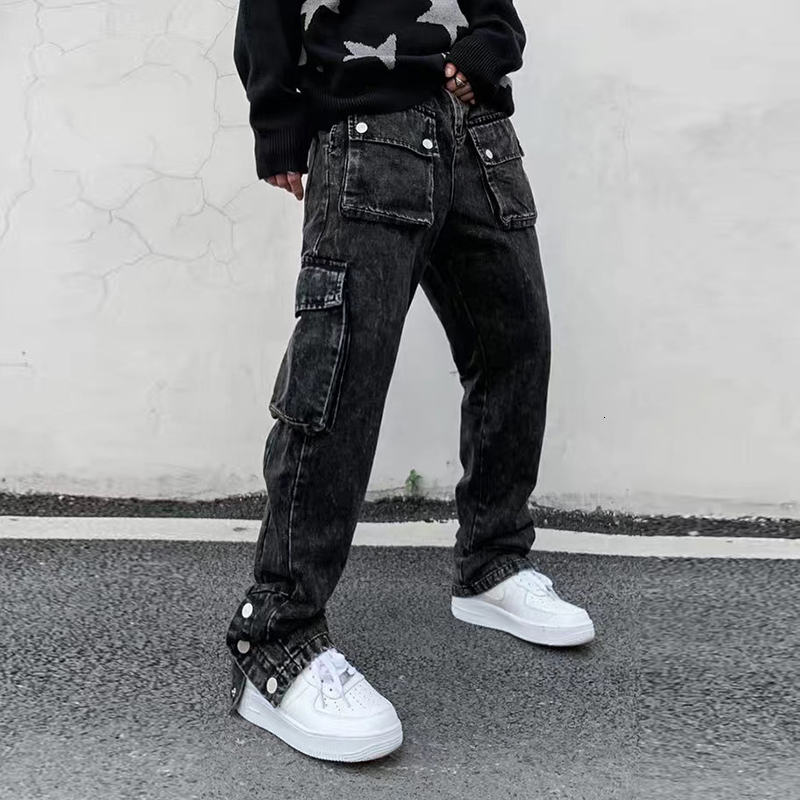 

2021 New High Street Multi-pocket Washed Denim Trousers Mens Ankle Button Retro Straight Jeans for Men Oversize Hip Hop Baggt Pants 2you, Black