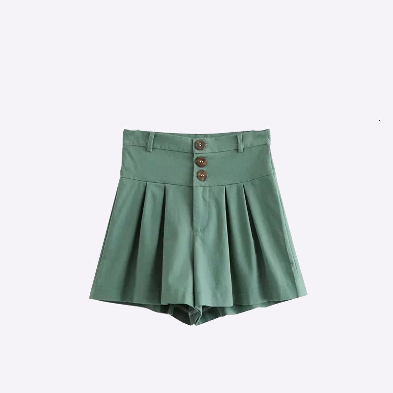

2021 New Vintage Autumn Safari Cotton Liinen Short Skirts High Drapeated Regular Bottons If Fit Women' Shorts Without 43ZX, Green