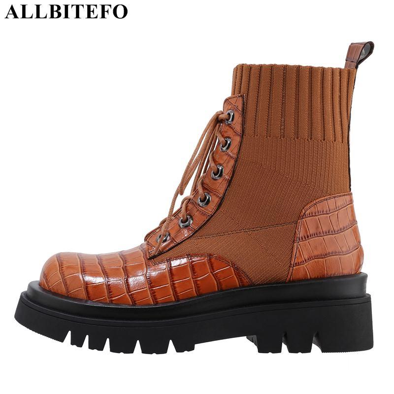 

ALLBITEFO natural genuine leather women boots cross tied Waterproof platform fashion autumn winter high heel shoes ankle boots, As picture