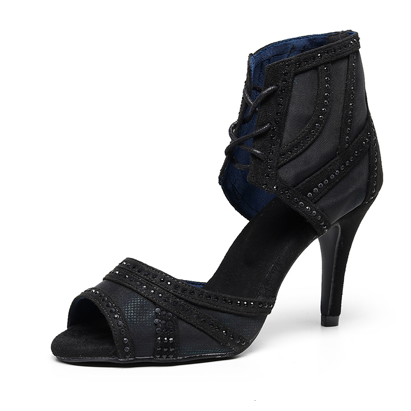 

2021 New Qianjiaowu Rhinestone Latin Dance Black Glitter Mesh Ballroom Salsa Dancing Shoes for Women Soft Sole Latino Dance-shoe Kd6c, Glitter-9cm