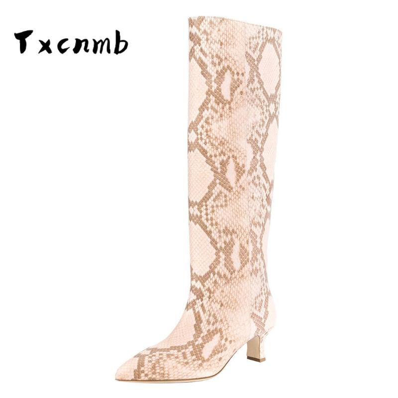 

TXCNMB 2020 Genuine Leather women boots stiletto heels pointed toe ladies shoes winter solid color knee high boots size 42 43, Brown