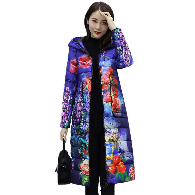 

Women's Winter Down Cotton Fashionable Jacket with Middle-aged Female Large Pocket Long Outerwear Plus Size R267 Hbjr, Peacock flower.