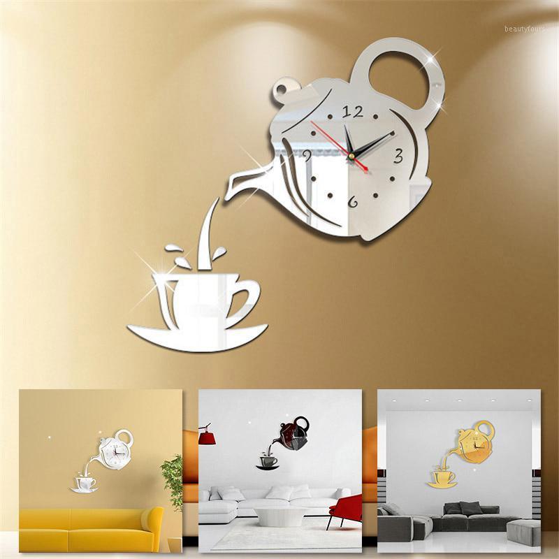 

3D Acrylic Mirror Wall Clock Creative DIY Coffee Cup Teapot Wall Clock Home Living Room Decorative Self-adhesive Clocks1