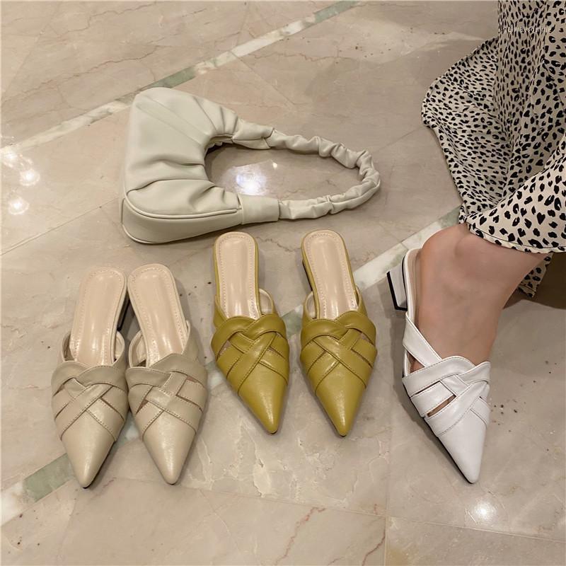 

Weave Mule Woman Chunky Heels Slipper Fashion Pointed Toe Slide Slip on Loafers Leather Shoes White Yellow Apricot Zapatos Mujer1