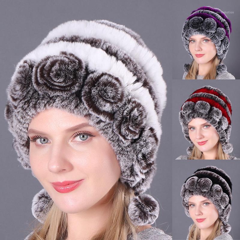 

Women Fur Hat For Winter Natural Rex Cap Russian Female Fur Headgear Outdoor ear Warm Flowers Earmuff Beanies Caps1, 13