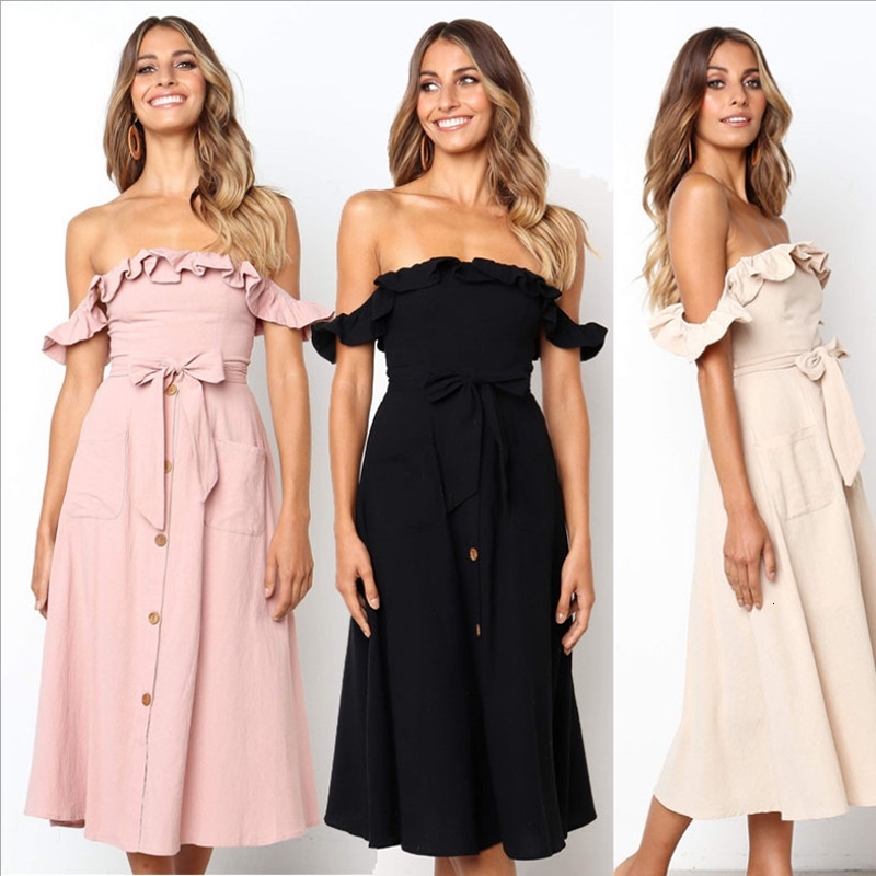

2021 New Oufisun Fashion Sunmmer Sexy Girlie Off the Shoulder Plied Long Summer Beach Whith Belt Midi Dress 0RJM, Pink