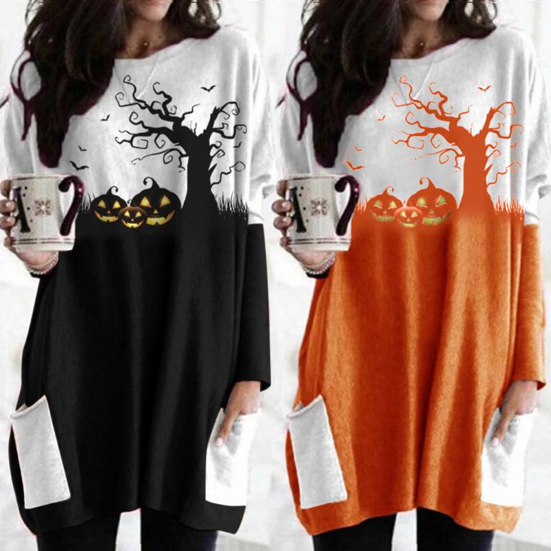 

40# Lantern Ghost Pumpkin Print Blouse Women Tops Halloween Costume Ladies Shirt O neck Long Sleeves Tunic Blouses Women, Orange