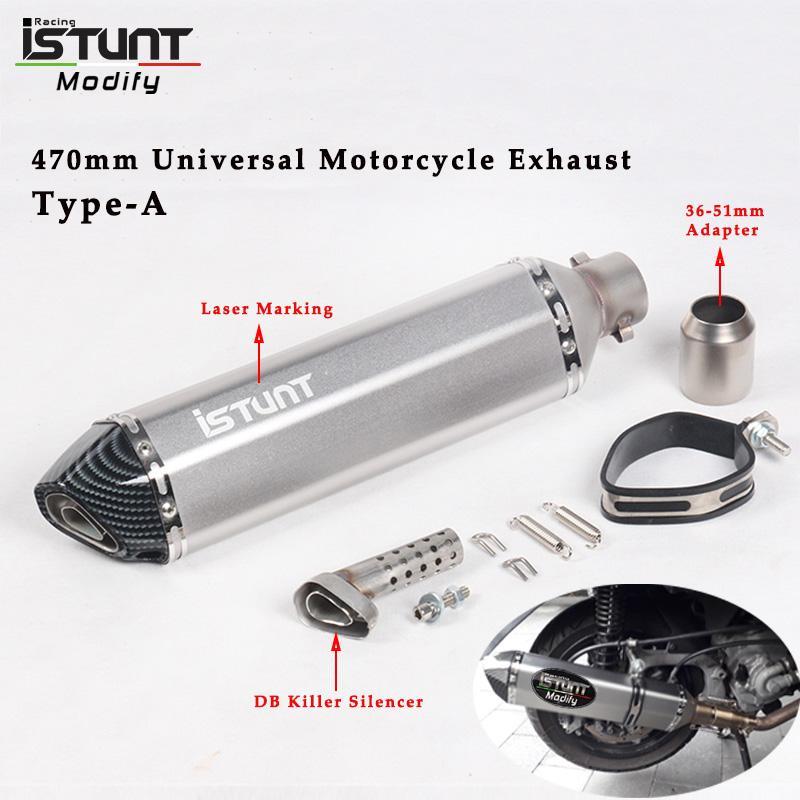 

Exhaust Pipe ISTUNT 470mm Universal Motorcycle Escape Modified Muffler With Removable DB Killer For Z250 MT03 FZ6 F800GS TMAX5301
