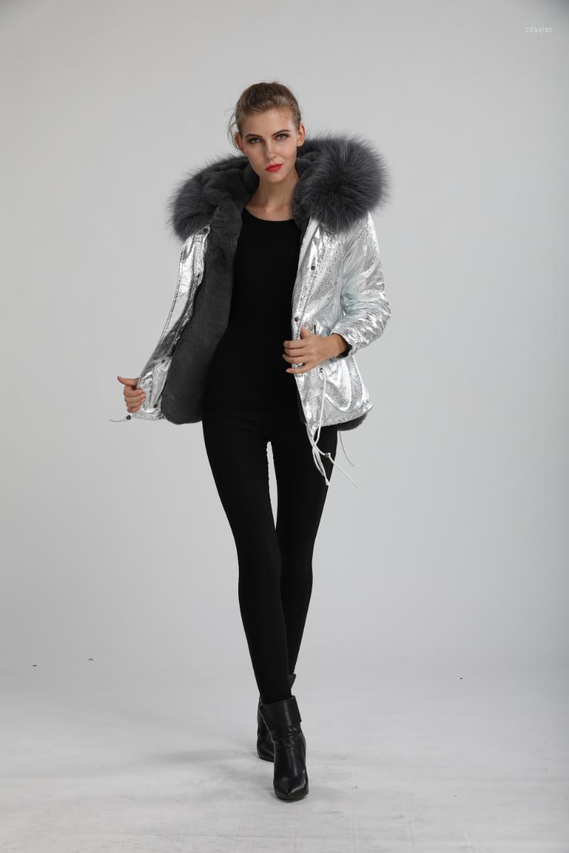 

Shiny Color Parka Short Style Grey Fur Lined Overcoat With Big Grey Furry Collar Winter Women Ladies Coat1, As pic