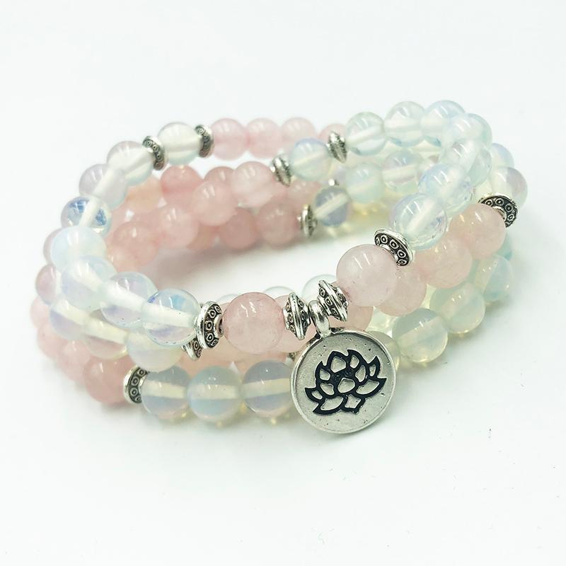 

108 Prayer Beads Spiritual Stones Natural Mala Fertility Opalite Rose Quartzs Bracelet Women Wrap OM Bracelet Lotus Mala Jewelry1