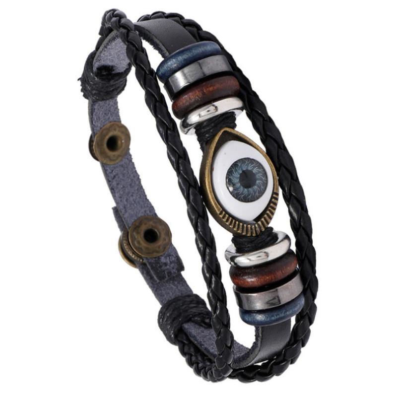 

Fashion Vintage Evil Eye Charms Black Bracelet Cuff Multi-layer Weave Leather Beads Bangle Casual Wristbands Retro Punk Jewelry
