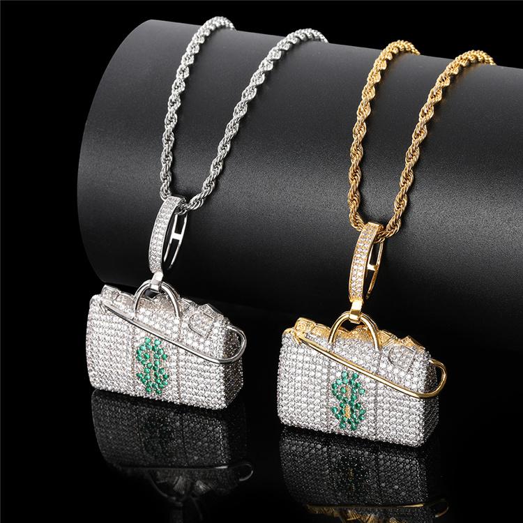 

Chains European And American Full Zircon Pendant Hip Hop Jewelry Personality $ Symbol Money Handbag Necklace