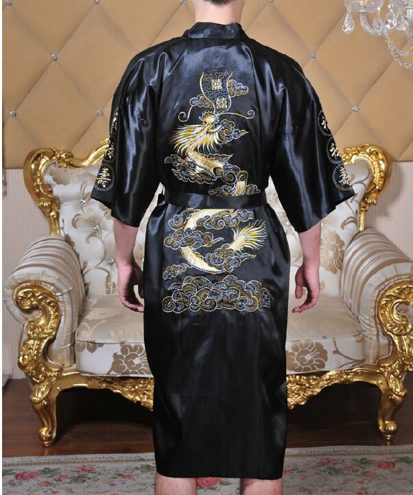

Silk Dragon Robes Chinesewomen / Men's Silk Satin Robe Embroider Kimono Bath bathrobe Men Dressing Gown For Men Summer Sleepwear, Black