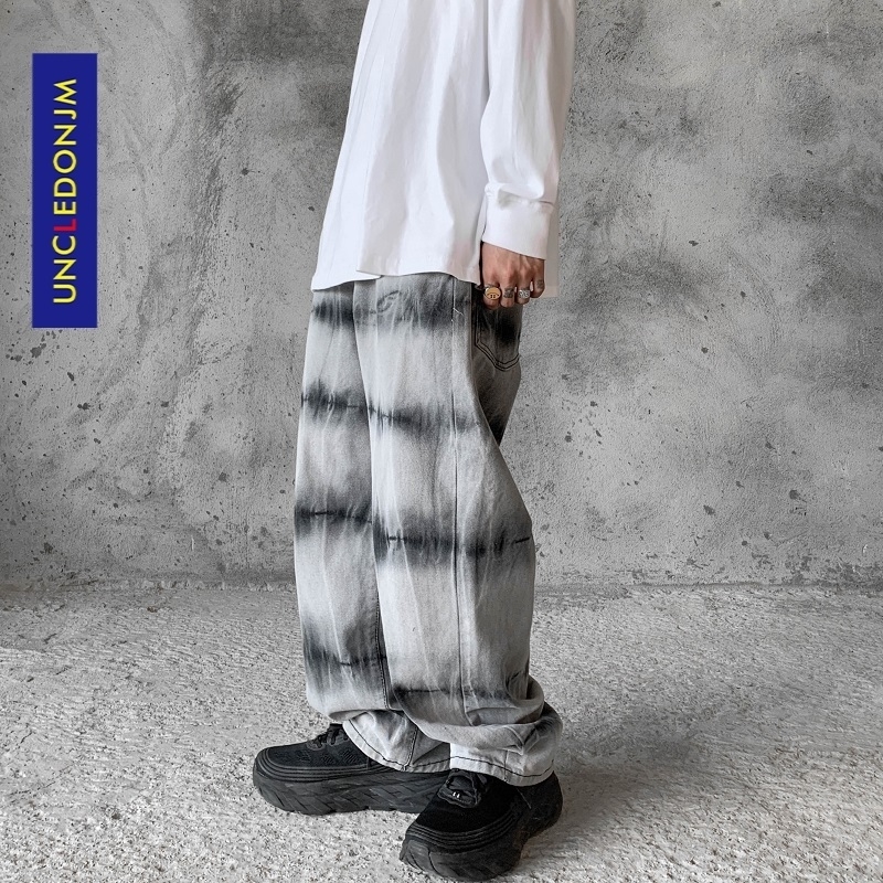 

UNCLEDONJM Streetwear Men Loose Denim Pants Tie Dyed Vintage Denim Jeans Harajuku Joggers Trousers AN-C045 201120, Ivory