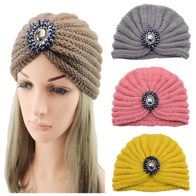 

Women Bohemian Style Warm Winter Autumn knitted Cap Fashion Boho Soft Hair Accessories Turban Solid Color female Muslim hat, B-gray