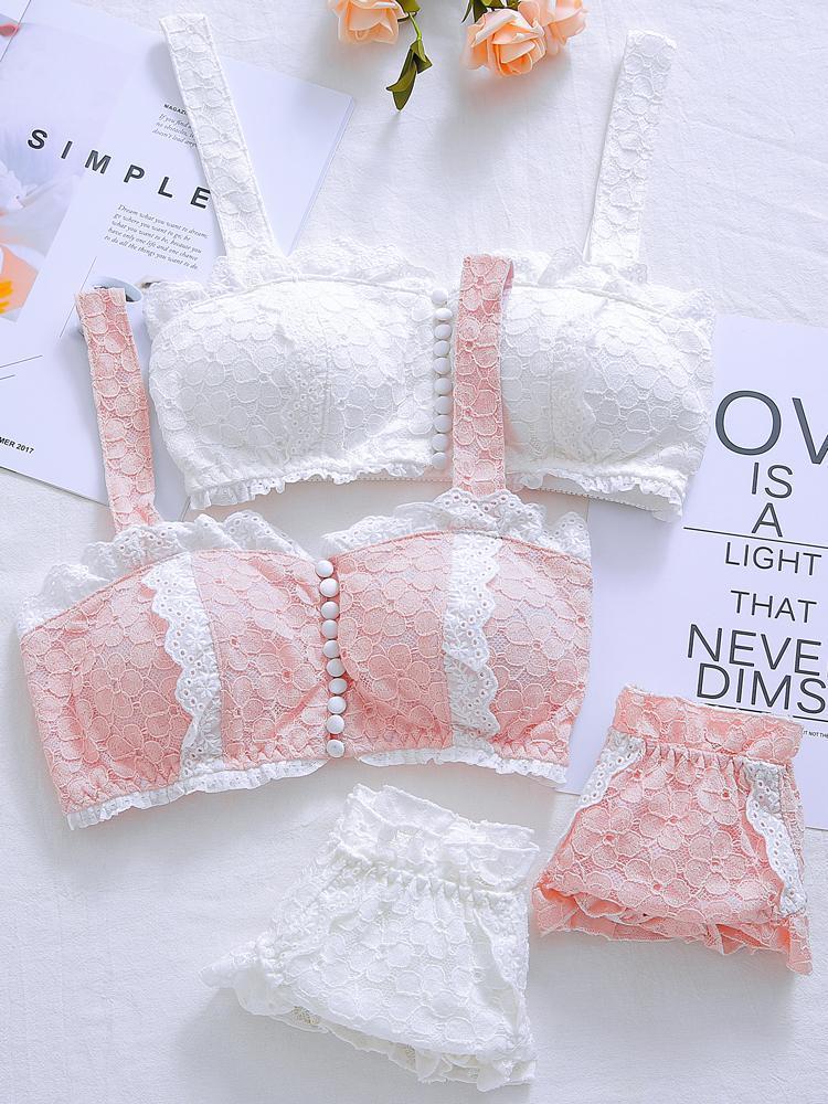 

Wriufred bra set girl tube top lace front buckle vintage art sweet underwear retro no steel ring bra white pink underwear women1