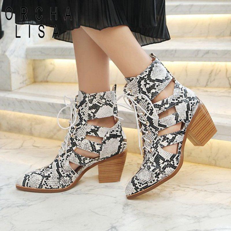 

ORCHA LISA Spring summer boa snake print boots women lady hollow ankle Boots breathable Shoes cut out square heel large size 44, Black
