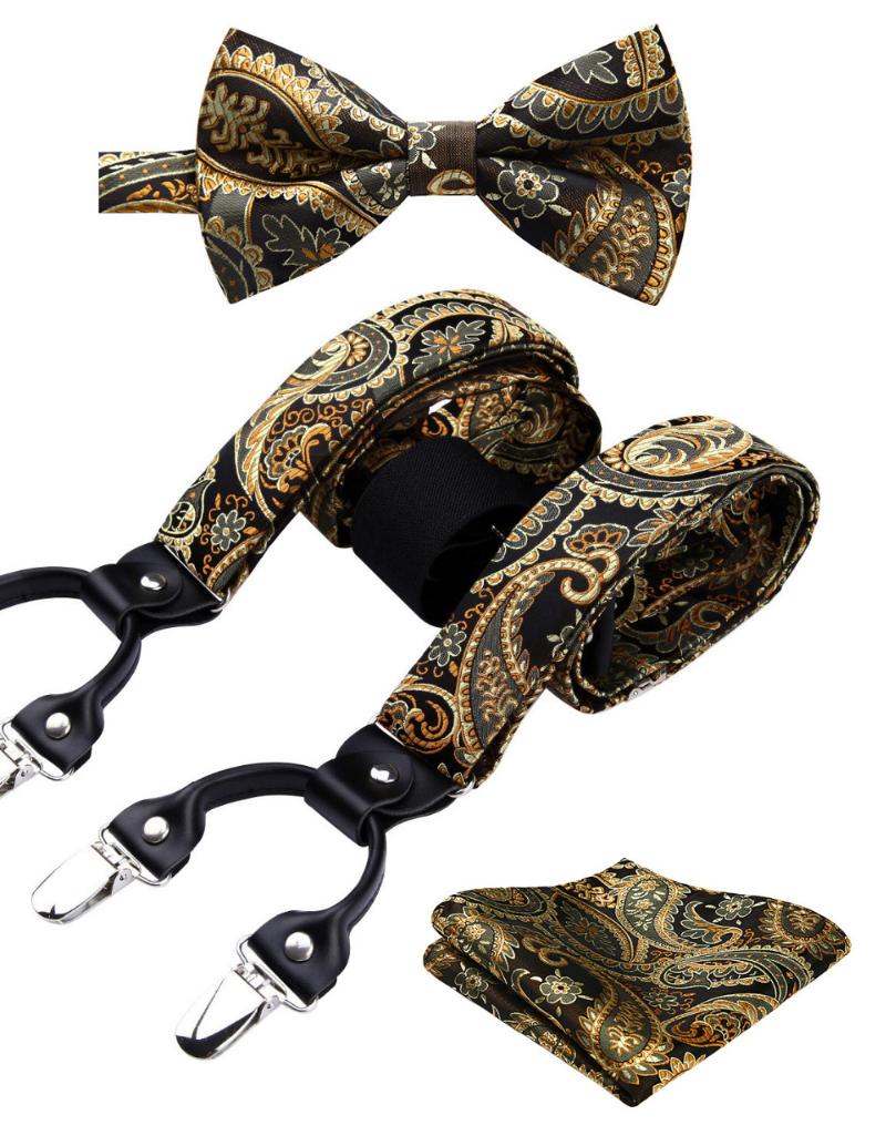 

Neck Ties Men Suspenders Paisley Fashion Wedding Various 6 Clips Party Pre-Tied Bowtie Pocket Square Set Adjustable Braces #S04