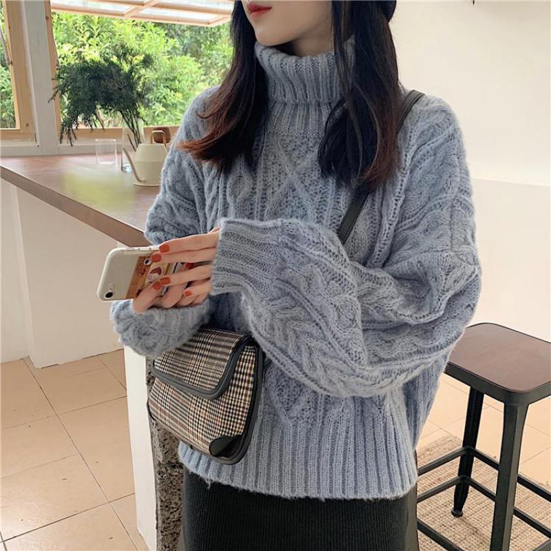 

2020 Autumn & Winter New Twist High Neck Loose Solid Short Knit Sweater Casual Pullover Long Sleeve Women Sweater Free Shipping, Beige