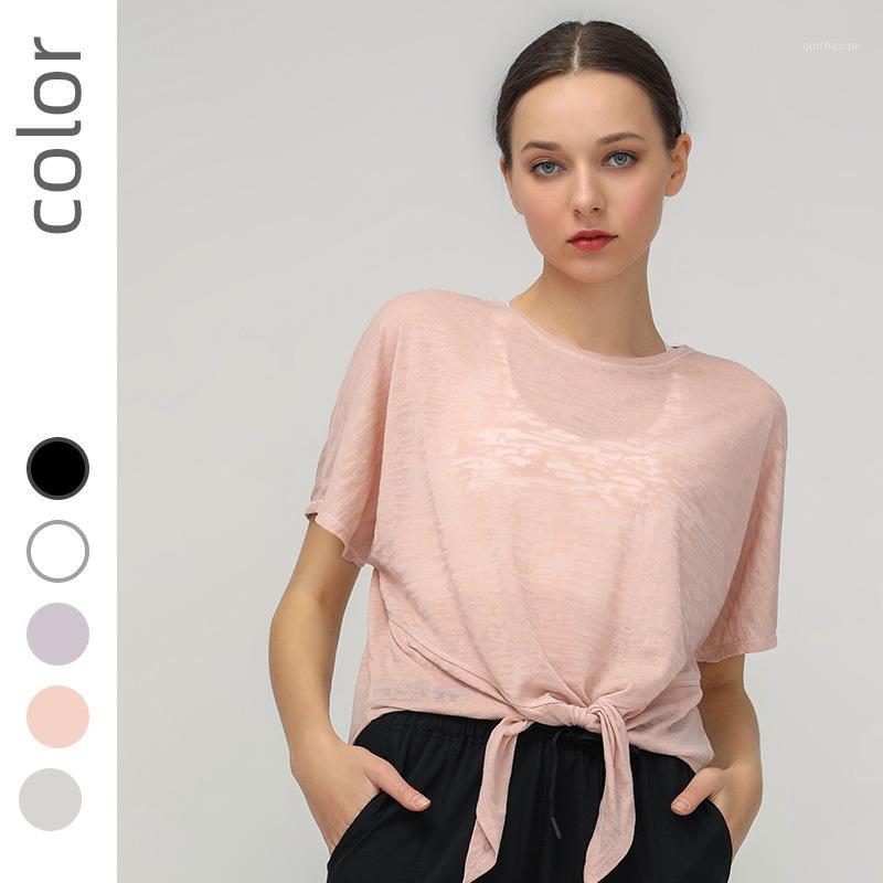

casual sports fitness yoga suit fashion bandage design running short sleeve Sports Tops women solid loose t-shirts1