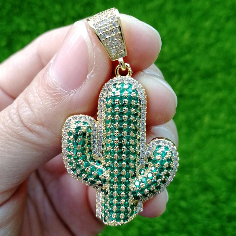 

Hip Hop Green CZ Stone Out Solid Cactus Pendants Necklace for Men Women Bling Rapper Jewelry Gold Silver Color Drop Shipping