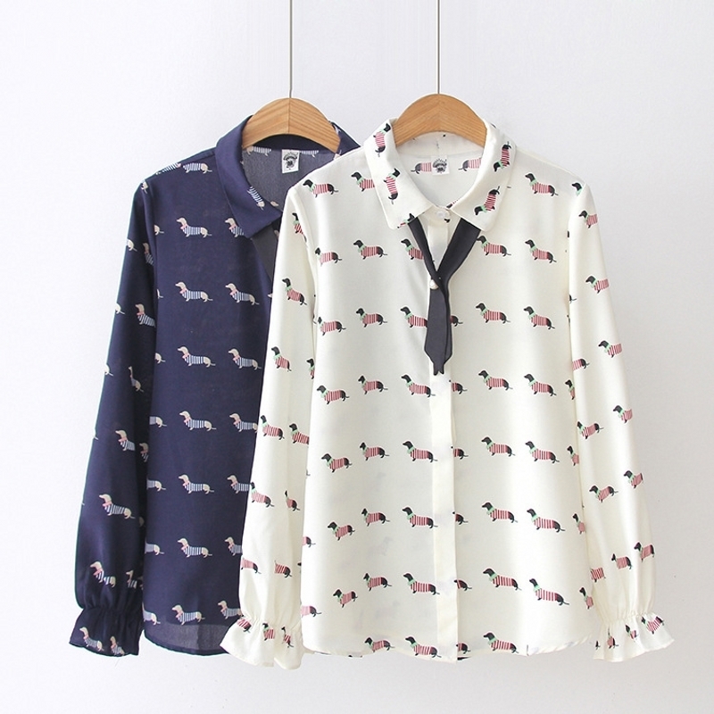 

Cute Dachshund Print Women Blouse Chiffon Shirt Preppy Style Dog Print Turn-down Collar Bowtie Flare Sleeve Spring Autumn T83701 201022, White blouse