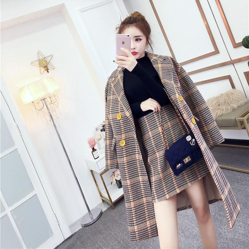 

Suit, Female 2020 New Autumn Retro Long Loose Plaid Suit Woolen Coat Plaid Skirt Two-Piece Set, As pic