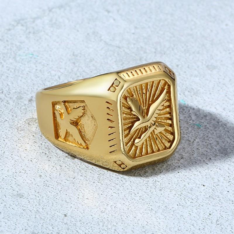 

Men's Hawk Signet Ring With Double Eagle Golden Color Medieval Stainless Steel Husband Gift