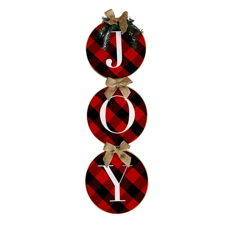 

Christmas Ornaments Joy Sign Check Plaid Wreath for Front Door Rustic Burlap Festival Decor for Window Wall, Red black