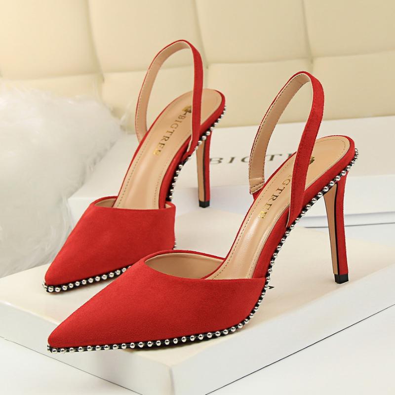 

2021 Summer Sexy Women 9cm Extreme High Heels Nightclub Sandals Suede Shallow Mesh Rivets Sandals Red Pointed Toe Lady Shoes, Black