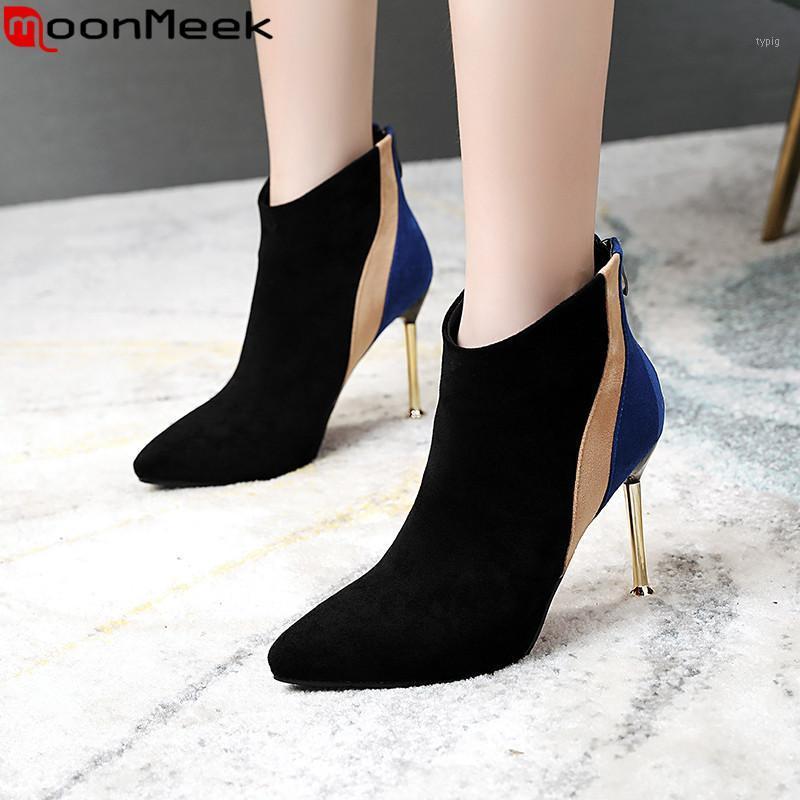 

MoonMeek 2020 fashion autumn winter boots women pointed toe mixed colors ankle boots zip sexy high heels prom women1, Black