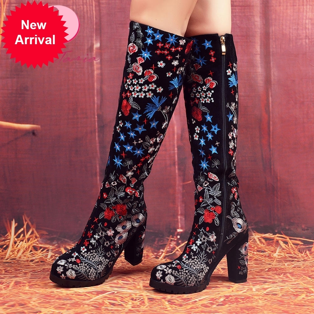 

2021 The New New Female at Knee Height High Fashion Zip-colored Mixed Thick Boots Embroider Women's Rivet O9ef, Black