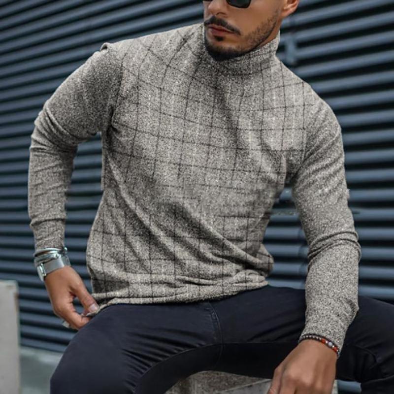 

2021 Spring Fashion Turtleneck Pullover Tops Male Long Sleeve Slim Tee Shirt Streetwear 4XL Autumn Casual Plaid Print Shirt Mens, Black